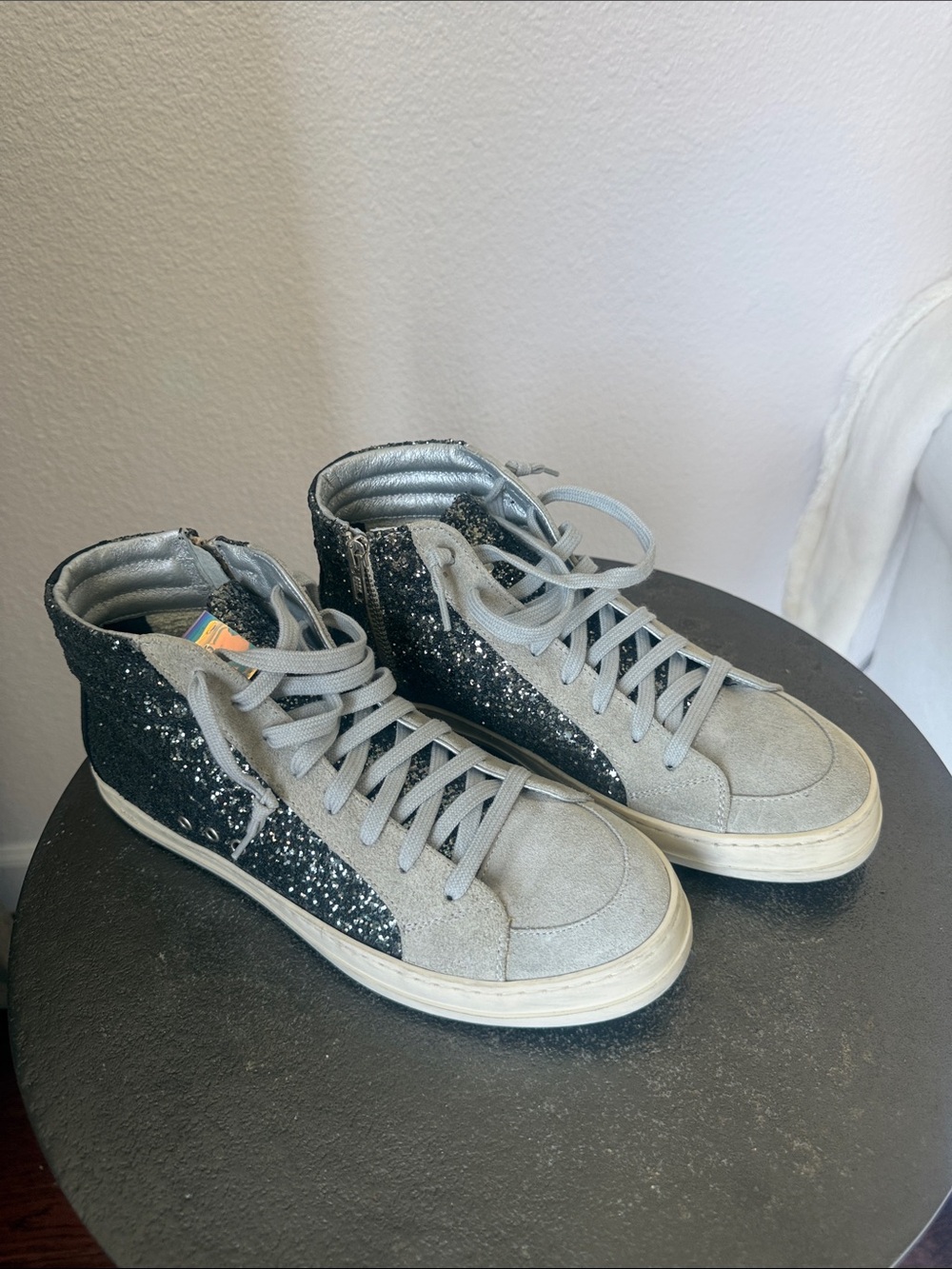 P448 Gray and Green/Gray Glitter High-Top Sneakers